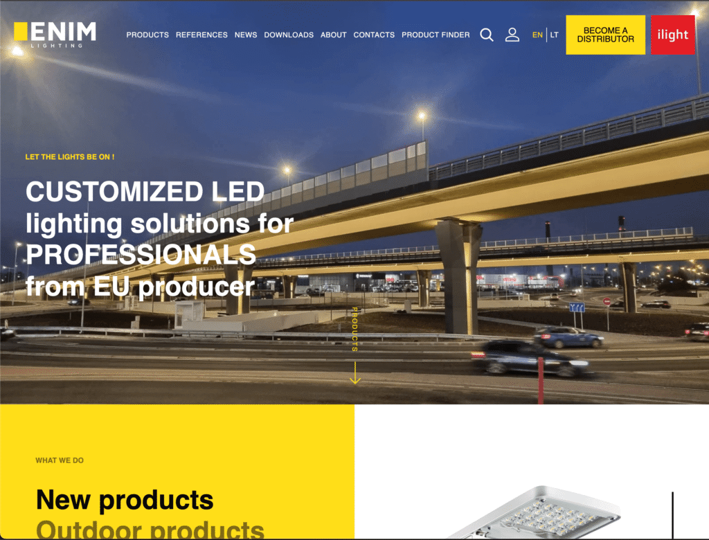 Individuali WordPress tema apšvietimo produktų katalogui – ENIM Lighting